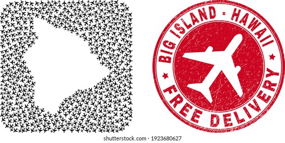 Vector mosaic Hawaii Big Island map of air plane elements and grunge Free Delivery seal stamp.
