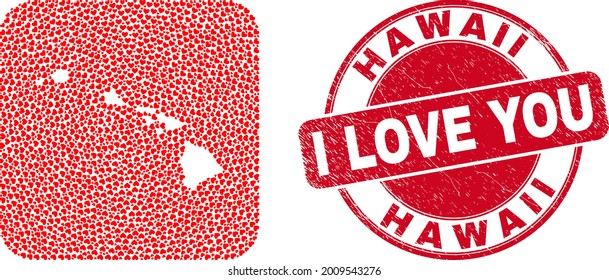 Vector mosaic Hawaii State map of love heart elements and grunge love badge. Mosaic geographic Hawaii State map designed as stencil from rounded square using love hearts.