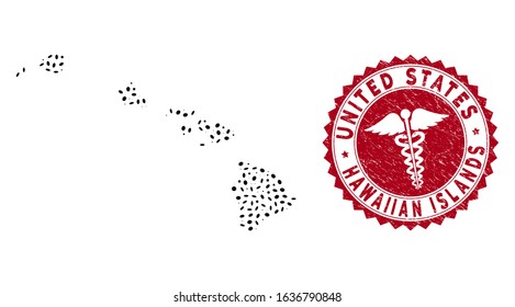 Vector mosaic Hawaiian Islands map and red round distressed stamp seal with doctor sign. Hawaiian Islands map collage formed with elliptic items. Red round doctor seal stamp, with dirty texture.
