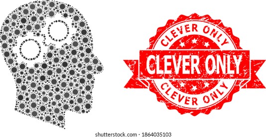 Vector mosaic head gears of covid-2019 virus, and Clever Only rubber ribbon seal. Virus items inside head gears mosaic. Red stamp seal includes Clever Only text inside ribbon.