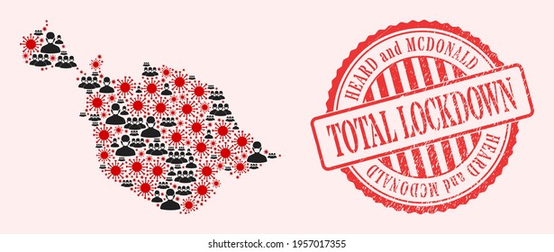 Vector mosaic Heard and McDonald Islands map of SARS virus, masked men and red grunge lockdown seal stamp. Virus particles and men in masks inside Heard and McDonald Islands map.