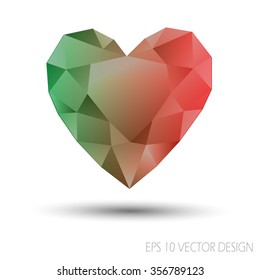 Vector Mosaic Heart.Template for Valentines Day Design.Abstract polygonal for Love symbol with Red green color on white background.Geometric rumpled triangular style graphic illustration. 