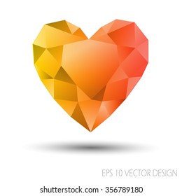 Vector Mosaic Heart.Template for Valentines Day Design.Abstract polygonal for Love symbol with Red yellow color on white background.Geometric rumpled triangular style graphic illustration. 