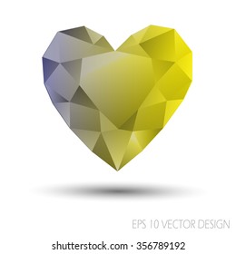 Vector Mosaic Heart.Template for Valentines Day Design.Abstract polygonal for Love symbol with yellow blue color on white background.Geometric rumpled triangular style graphic illustration. 
