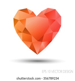 Vector Mosaic Heart.Template for Valentines Day Design.Abstract polygonal for Love symbol with red orange color on white background.Geometric rumpled triangular style graphic illustration. 