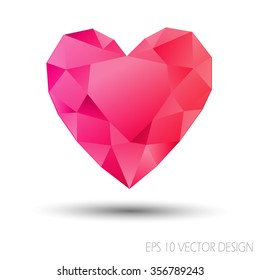 Vector Mosaic Heart.Template for Valentines Day Design.Abstract polygonal for Love symbol with pink color on white background.Geometric rumpled triangular style graphic illustration. 