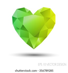 Vector Mosaic Heart.Template for Valentines Day Design.Abstract polygonal for Love symbol with green yellow color on white background.Geometric rumpled triangular style graphic illustration. 