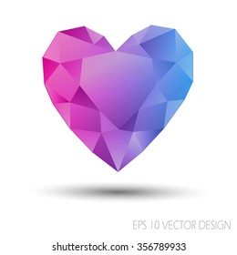 Vector Mosaic Heart.Template for Valentines Day Design.Abstract polygonal for Love symbol with purple blue color on white background.Geometric rumpled triangular style graphic illustration. 