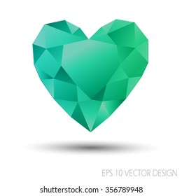 Vector Mosaic Heart.Template for Valentines Day Design.Abstract polygonal for Love symbol with green color on white background.Geometric rumpled triangular style graphic illustration.  