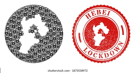 Mapa de cerraduras y estampado LOCKDOWN de mosaico vectorial de la provincia de Hebei. Mapa de la provincia de Hebei geográfico mosaico creado como esténcil de forma redonda con cerraduras negras.