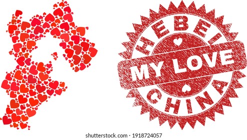 Vector mosaic Hebei Province map of lovely heart items and grunge My Love seal stamp. Mosaic geographic Hebei Province map constructed with lovely hearts.