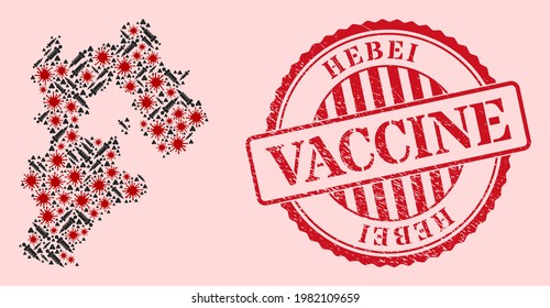 Vector mosaic Hebei Province map of SARS virus, vaccine icons, and red grunge vaccine stamp. Virus items and syringe items inside Hebei Province map.