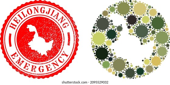 Vector mosaic Heilongjiang Province map of SARS virus items and grunge EMERGENCY stamp.