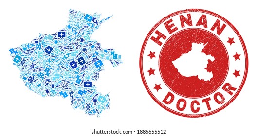 Vector mosaic Henan Province map of healthcare icons, hospital symbols, and grunge healthcare seal. Red round seal with grunge rubber texture and Henan Province map tag and map.