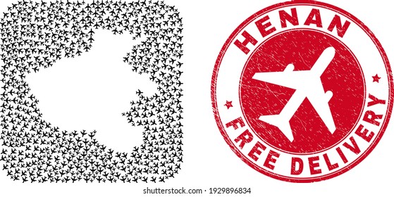 Vector mosaic Henan Province map of airliner items and grunge Free Delivery seal stamp.