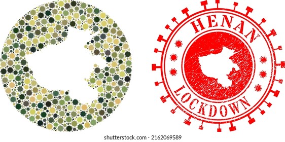 Vector mosaic Henan Province map of covid items and grunge LOCKDOWN stamp.