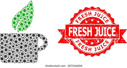 Té de hierbas de mosaico vectorial del virus de la gripe y sello de cinta de jugo fresco. Elementos de virus dentro del mosaico de té de hierbas. El sello rojo tiene texto de jugo fresco dentro de la cinta.