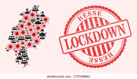 Vector mosaic Hesse Land map of SARS virus, masked men and red grunge lockdown stamp. Virus cells and men in masks inside Hesse Land map. Red imprint with corroded rubber texture and LOCKDOWN word.