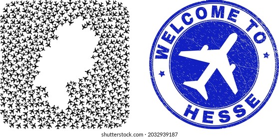 Vector mosaic Hesse Land map of delivery items and grunge Welcome stamp. Mosaic geographic Hesse Land map constructed as stencil from rounded square shape with air tourism.
