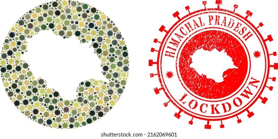 Vector mosaic Himachal Pradesh State map of coronavirus icons and grunge LOCKDOWN stamp.