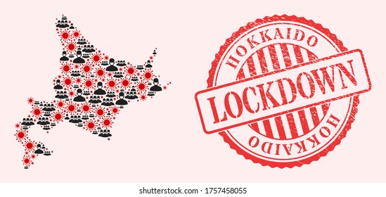 Vector mosaic Hokkaido map of corona virus, masked men and red grunge lockdown seal stamp. Virus items and men in masks inside Hokkaido map. Red seal with distress rubber texture and LOCKDOWN tag.