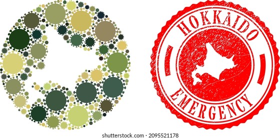 Vector mosaic Hokkaido map of coronavirus elements and grunge EMERGENCY seal stamp. Mosaic geographic Hokkaido map designed as carved shape from circle with coronavirus icons in khaki army color hues.