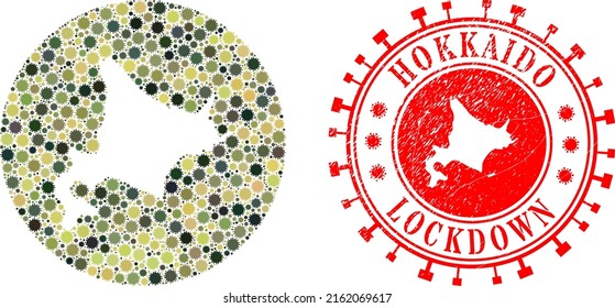 Vector mosaic Hokkaido map of flu virus items and grunge LOCKDOWN seal stamp. Mosaic geographic Hokkaido map constructed as hole from circle with covid-2019 items in khaki military colors.
