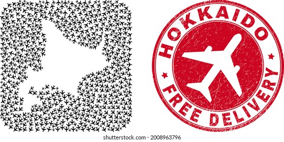 Vector mosaic Hokkaido map of jet vehicle items and grunge Free Delivery stamp. Mosaic geographic Hokkaido map created as carved shape from rounded square using flying out aviation items.