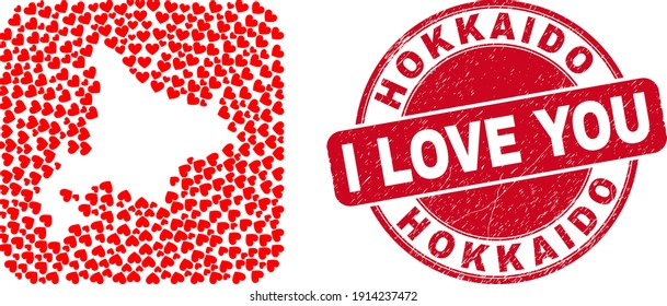 Vector mosaic Hokkaido map of valentine heart elements and grunge love stamp. Mosaic geographic Hokkaido map constructed as carved shape from rounded square shape with valentine hearts.