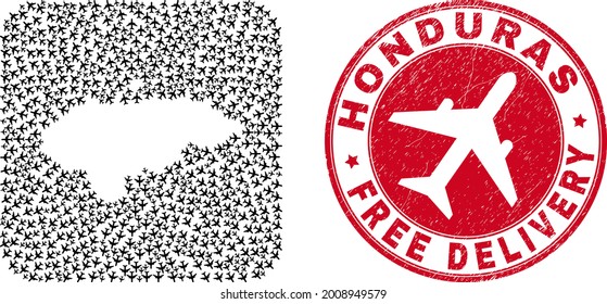 Vector mosaic Honduras map of airliner items and grunge Free Delivery seal. Mosaic geographic Honduras map constructed as stencil from rounded square shape using escaping air force symbols.