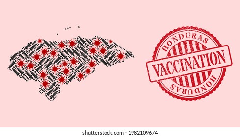 Vector mosaic Honduras map of corona virus, injection icons, and red grunge vaccination seal. Virus particles and injection items inside Honduras map.