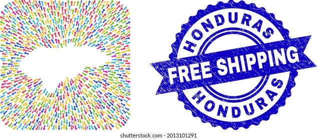 Vector mosaic Honduras map of migration arrows and grunge Free Shipping seal stamp. Collage Honduras map constructed as hole from rounded square with arrows.