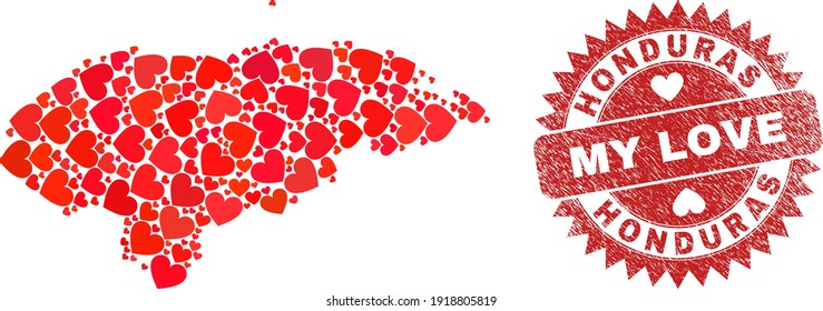 Vector mosaic Honduras map of valentine heart elements and grunge My Love badge. Mosaic geographic Honduras map designed with love hearts.