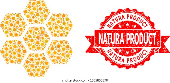 Vector mosaic honeycombs of flu virus, and Natura Product scratched ribbon seal. Virus cells inside honeycombs mosaic. Red stamp seal contains Natura Product caption inside ribbon.