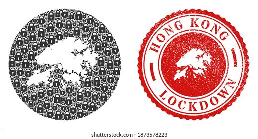 Vector mosaic Hong Kong map of locks and grunge LOCKDOWN stamp. Mosaic geographic Hong Kong map created as carved shape from round shape with black locks.