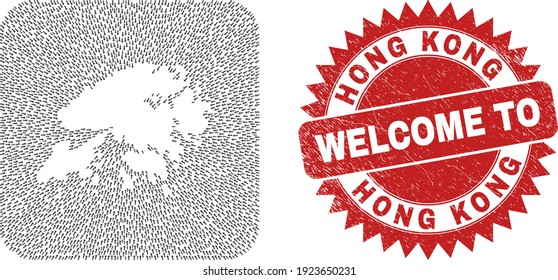 Vector mosaic Hong Kong map of migration arrows and scratched Welcome badge. Mosaic geographic Hong Kong map designed as stencil from rounded square with pointing arrows.