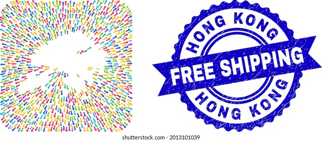 Vector mosaic Hong Kong map of leaving arrows and scratched Free Shipping badge. Mosaic Hong Kong map designed as hole from rounded square with arrows.