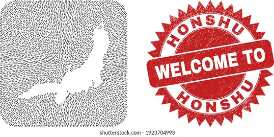 Vector mosaic Honshu Island map of navigation arrows and rubber Welcome seal stamp. Collage geographic Honshu Island map created as subtraction from rounded square shape with arrows.