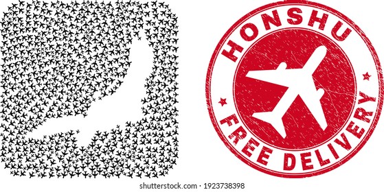 Vector mosaic Honshu Island map of airplane elements and grunge Free Delivery badge. Collage geographic Honshu Island map designed as subtraction from rounded square with air force plane symbols flying out.
