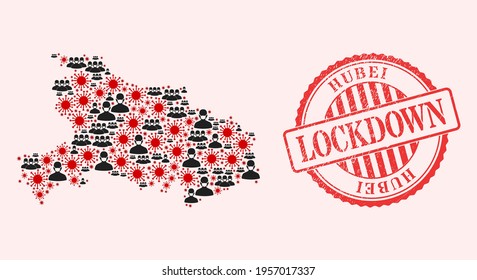 Vektor mosaic Hubei Provinz Karte des covid-2019-Virus, maskierte Menschen und roten Schornstempel Schließung Robbe-Siegel. Virusartikel und Menschen in Masken innerhalb der Landkarte von Hubei.
