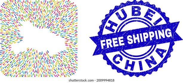 Vector mosaic Hubei Province map of out arrows and rubber Free Shipping stamp. Mosaic Hubei Province map designed as carved shape from rounded square shape with migration arrows.