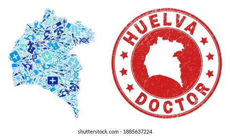 Vector mosaic Huelva Province map with injection icons, laboratory symbols, and grunge doctor seal stamp. Red round seal with grunge rubber texture and Huelva Province map caption and map.