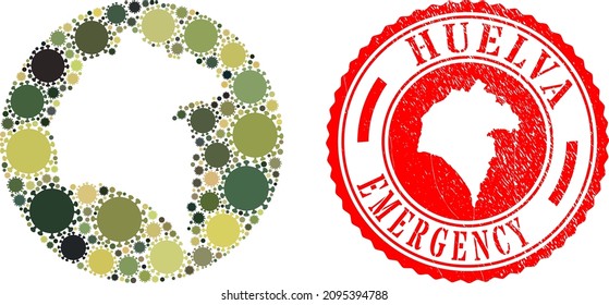 Vector mosaic Huelva Province map of covid icons and grunge EMERGENCY seal stamp.
