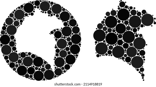 Vector mosaic Huelva Province map of spheric elements. Mosaic geographic Huelva Province map created as carved shape from round shape with spheric items in black color hues.