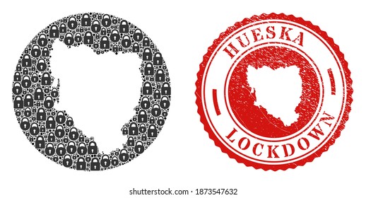 Vector mosaic Hueska Province map of locks and grunge LOCKDOWN seal stamp. Mosaic geographic Hueska Province map created as carved shape from round shape with black locks.
