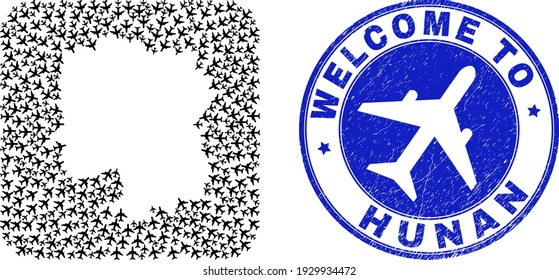 Vector mosaic Hunan Province map of aviation items and grunge Welcome seal stamp. Collage geographic Hunan Province map created as carved shape from rounded square shape with air flights.