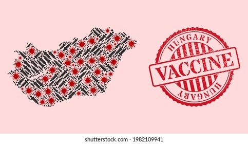 Vector mosaic Hungary map of covid-2019 virus, vaccine icons, and red grunge vaccine seal. Virus items and dose items inside Hungary map. Red seal with grunge rubber texture and vaccine tag.