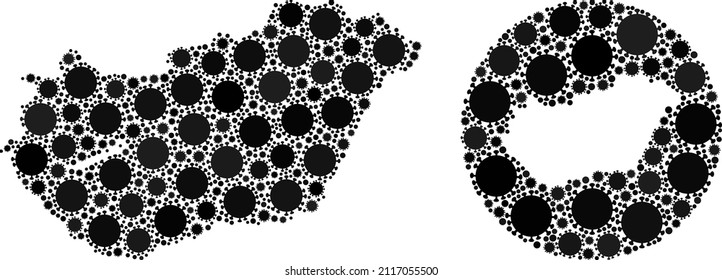 Vector mosaic Hungary map of sars virus elements. Mosaic geographic Hungary map designed as carved shape from circle with flu virus elements in black color hues. Template for quarantine templates.