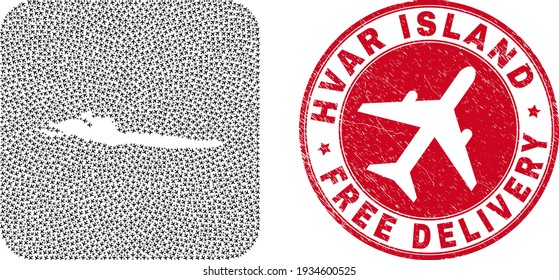 Vector mosaic Hvar Island map of aircraft elements and grunge Free Delivery stamp. Collage geographic Hvar Island map constructed as hole from rounded square shape with aeroplanes flying out.