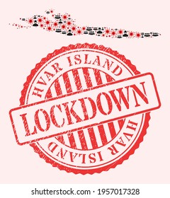 Vector mosaic Hvar Island map of corona virus, masked people and red grunge lockdown seal. Virus items and people in masks inside Hvar Island map.